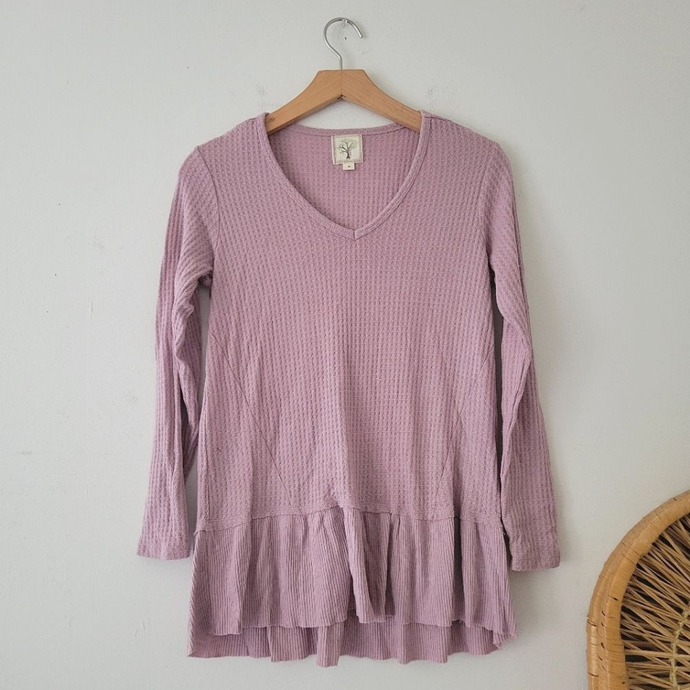 Purple Waffle Knit Thermal Top | Ruffle Hem Peplum | Long Sleeve | Small
